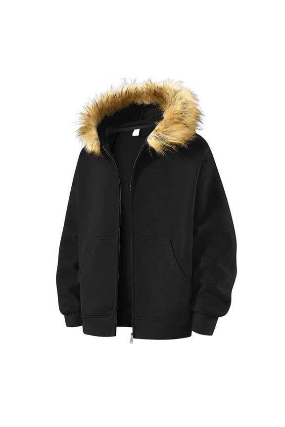 Winter Hoodies for Men Fashion Solid Casual Long Sleeve Full Zip Up Hooded Sweatshirt Loose Cozy Warm Faux Fur Hooded Jacket with Pocket