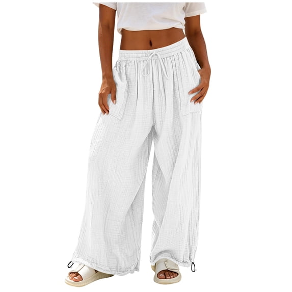 Gytharion Women Solid Color Cotton Linen Wide-leg Pants Elastic Waist Adjustable Cuff Trousers Casual Fashion Pants with Pockets