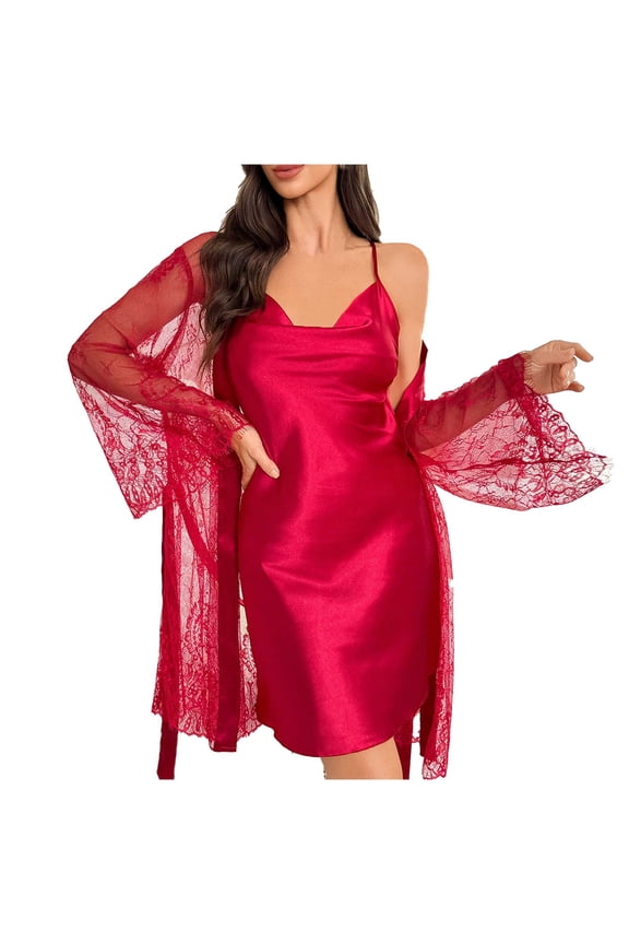 Women's 2 Piece Nightgown Sets Silk Satin Cami Nightdress with Long Sleeve Lace Robes Elegant Solid Belted Bathrobe Sleepwear for Bride Bridesmaid