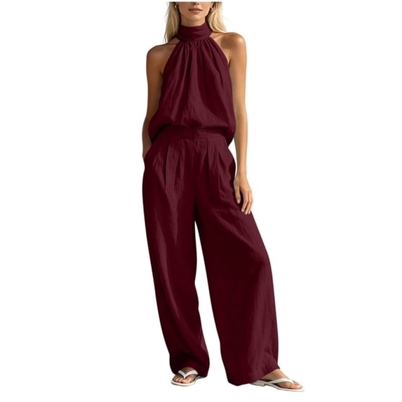 Gytharion Women's 2 Piece Outfits Summer Fashion Casual Sets Soild Color Sleeveless Halter Tops with Loose Wide-leg Long Pants