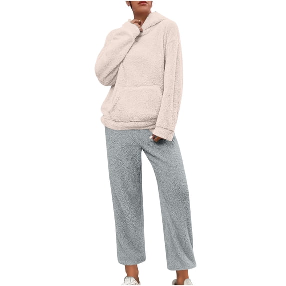 Gytharion Women's 2 Piece Winter Fuzzy Hooded Loungewear Sweatshirts Sets Plus Size Solid Color Warm Comfortable Lounge Outfits with Pockets Long Sleeve Pullover Hoodies and Plush Pants