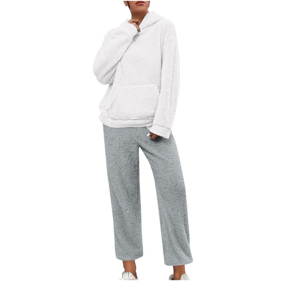 Gytharion Women's 2 Piece Winter Fuzzy Hooded Loungewear Sweatshirts Sets Plus Size Solid Color Warm Comfortable Lounge Outfits with Pockets Long Sleeve Pullover Hoodies and Plush Pants