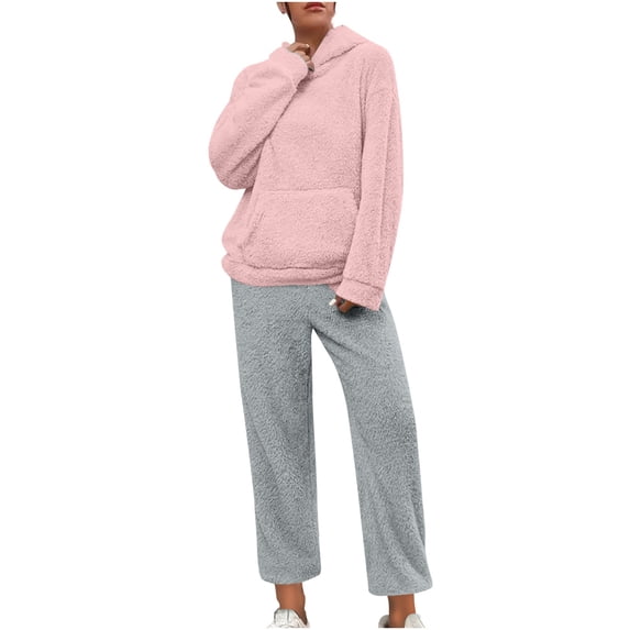 Gytharion Women's 2 Piece Winter Fuzzy Hooded Loungewear Sweatshirts Sets Plus Size Solid Color Warm Comfortable Lounge Outfits with Pockets Long Sleeve Pullover Hoodies and Plush Pants