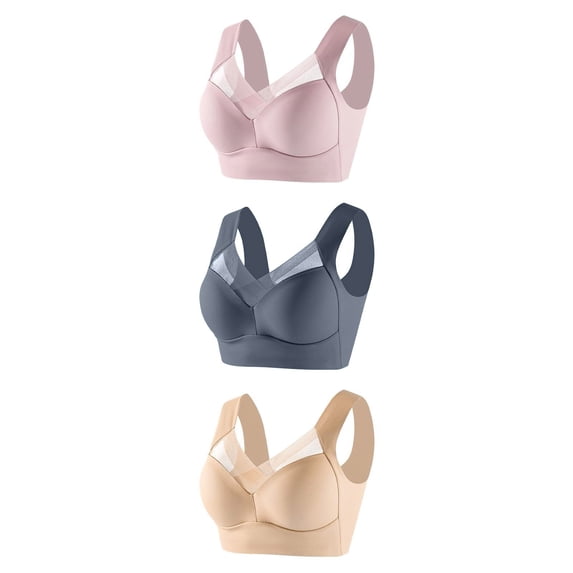 Gytharion Women's 3PC Plus Size Everyday Comfort Bras Wireless Push Up Bust Support Seamless Bras Solid Color Thin Lace Wide Straps Soft Padded Bras