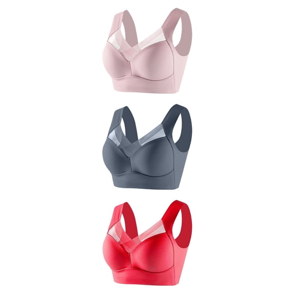 Gytharion Women's 3PC Plus Size Everyday Comfort Bras Wireless Push Up Bust Support Seamless Bras Solid Color Thin Lace Wide Straps Soft Padded Bras