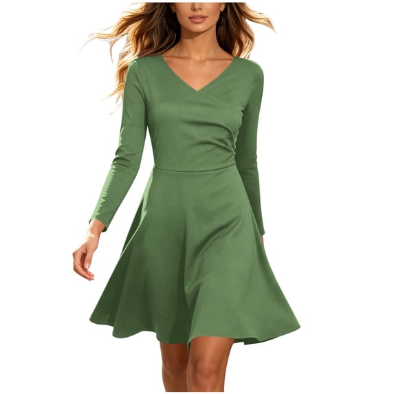 Gytharion Women's A Line Dresses V Neck Long Sleeve Swing Dresses Solid Color Casual Daily Mini Dresses