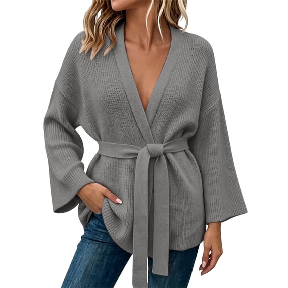 Gytharion Women's Belted Longline Knit Cardigans Tie Waist Long Sleeve Cardigan Sweaters with Pockets Wrap Cardigans