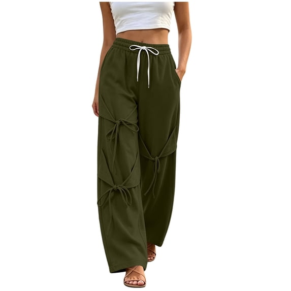 Gytharion Women's Bow Tie Streetwear Sweatpants with Pockets Drawstring Elastic Waist Joggers Solid Color Loose Wide Leg Pants