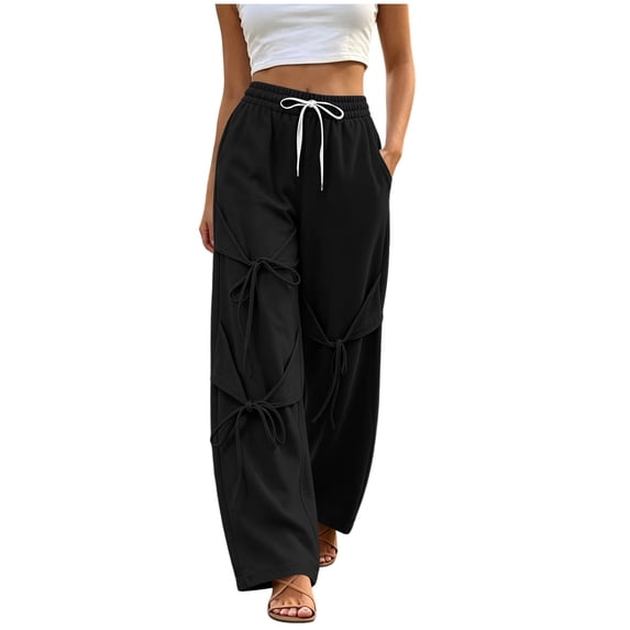 Gytharion Women's Bow Tie Streetwear Sweatpants with Pockets Drawstring Elastic Waist Joggers Solid Color Loose Wide Leg Pants