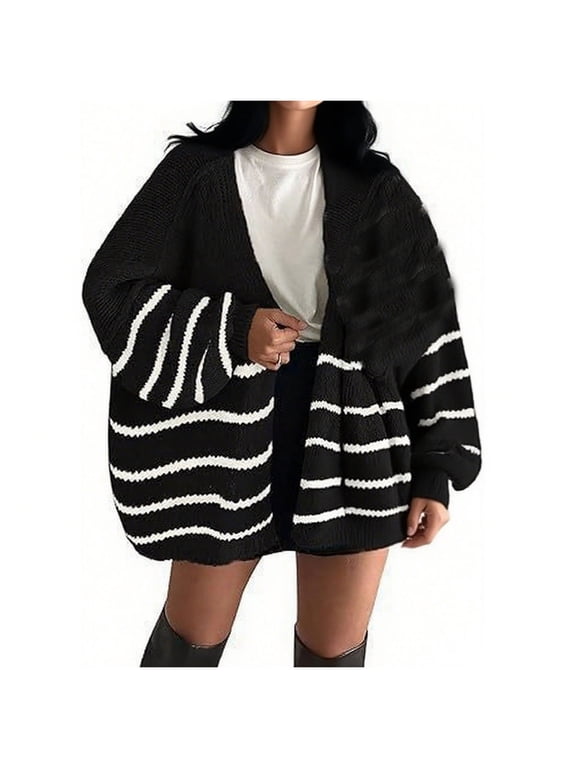 Women's Cardigan Sweaters Fall Loose Comfy Chunky Knit Sweater Jacket Lightweight Striped Long Sleeve Open Front Cardigan Coats for Women