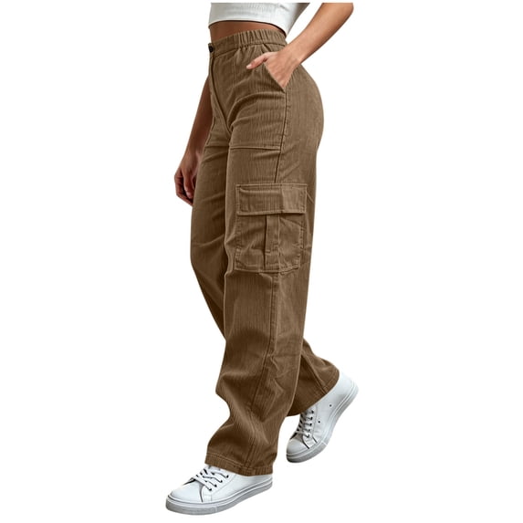Gytharion Women's Cargo Pants Corduroy Button Front Utility Trousers Wide Leg Elastic Waist Work Pants with Pockets for Fall Winter