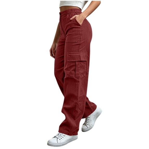 Gytharion Women's Cargo Pants Corduroy Button Front Utility Trousers Wide Leg Elastic Waist Work Pants with Pockets for Fall Winter