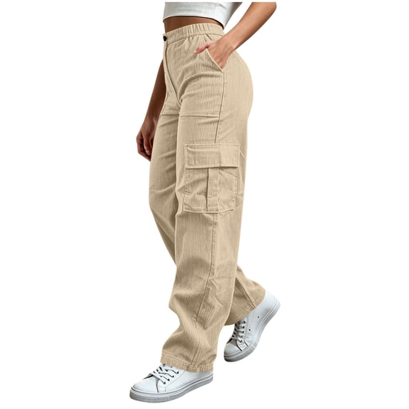 Gytharion Women's Cargo Pants Corduroy Button Front Utility Trousers Wide Leg Elastic Waist Work Pants with Pockets for Fall Winter