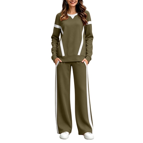 Gytharion Women's Color-blocking 2 Piece Sports Sweatsuits Fashion Casual Lounge Sets Soft Long Sleeve Crewneck Pullover Sweatshirt and Elastic Waist Comfortable Wide Leg Pants with Pockets