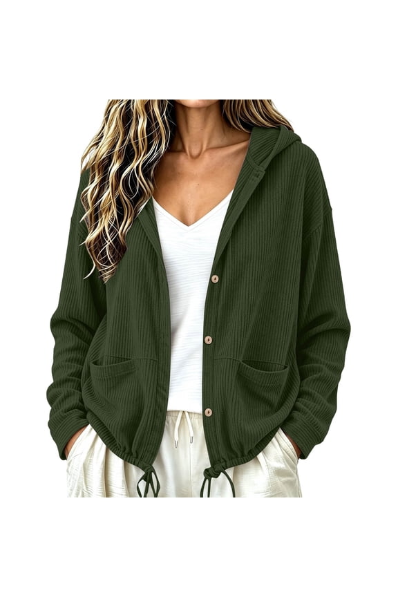 Women's Corduroy Hooded Shackets Button Front Drawstring Hood Shirt Jackets Long Sleeve Solid Color Corduroy Jackets with Pockets