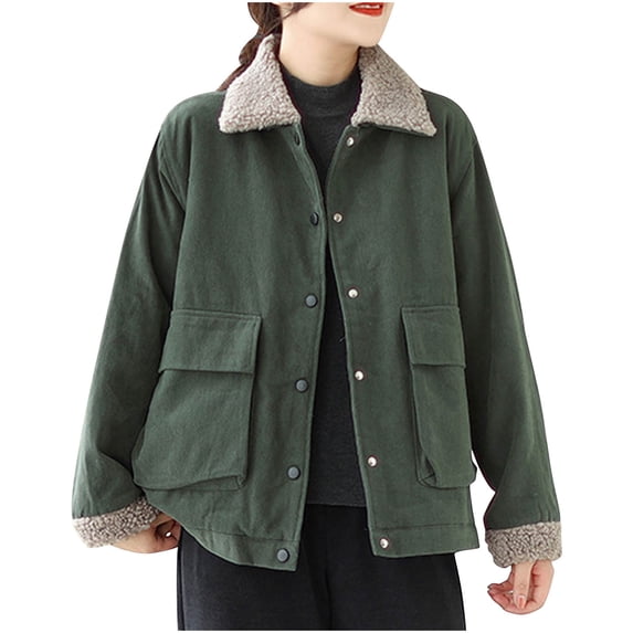 Gytharion Women’s Corduroy Jackets Plush Lined Button Down Sherpa Coats Turn Down Collar Loose Fit Winter Jackets with Pockets
