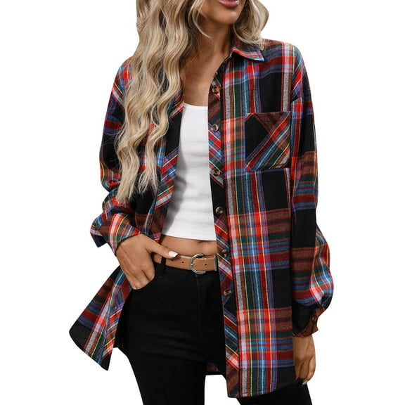 Gytharion Women's Cotton Cardigan Jackets Fashionable Casual Plaid Printed Button Down Lapel Shirt Outerwear Fall Loose Comfy Long Sleeve Coat with Pocket