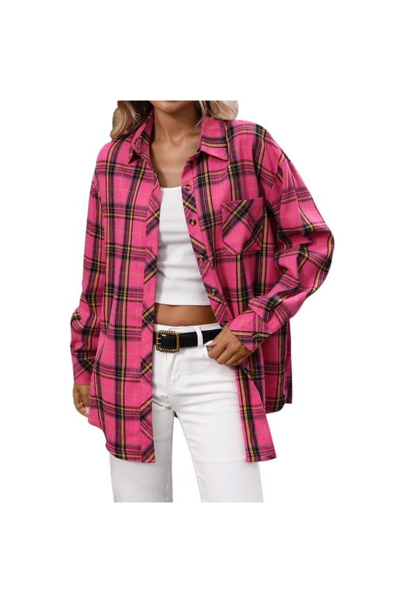 Women's Cotton Cardigan Jackets Fashionable Casual Plaid Printed Button Down Lapel Shirt Outerwear Fall Loose Comfy Long Sleeve Coat with Pocket