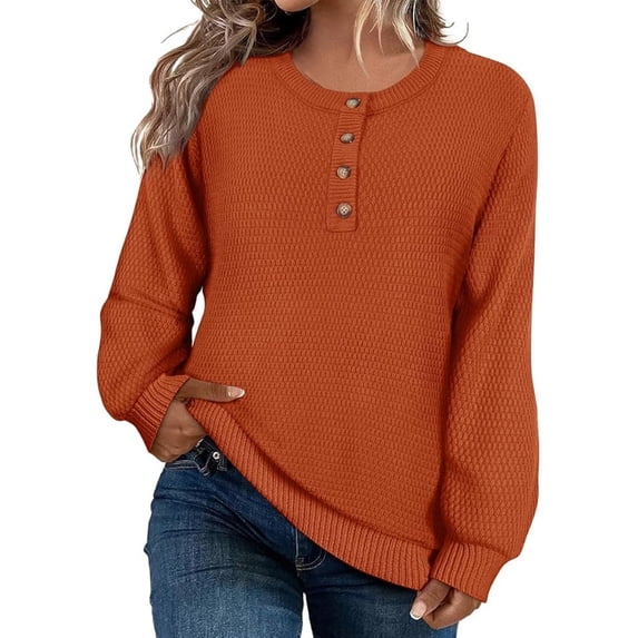 Gytharion Women's Crew Neck Sweaters Loose Solid Color Long Sleeve Pullover Tops with Button Cuffs Casual Basic Knitted Blouses