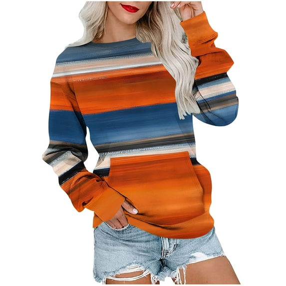 Gytharion Women's Crew Neck Sweatshirts Fashion Rainbow Printed Casual Long Sleeve Pullover Tops Fall Loose Comfortable Front Pocket Sweatshirts for Women