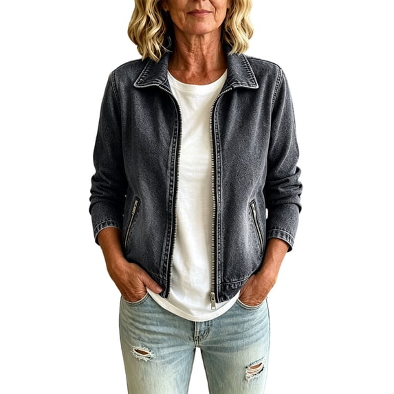 Gytharion Women's Cropped Denim Jackets Lapel Zip-up Zipper-pockets Jean Jackets Solid Color Casual Long Sleeve Streewear Jackets