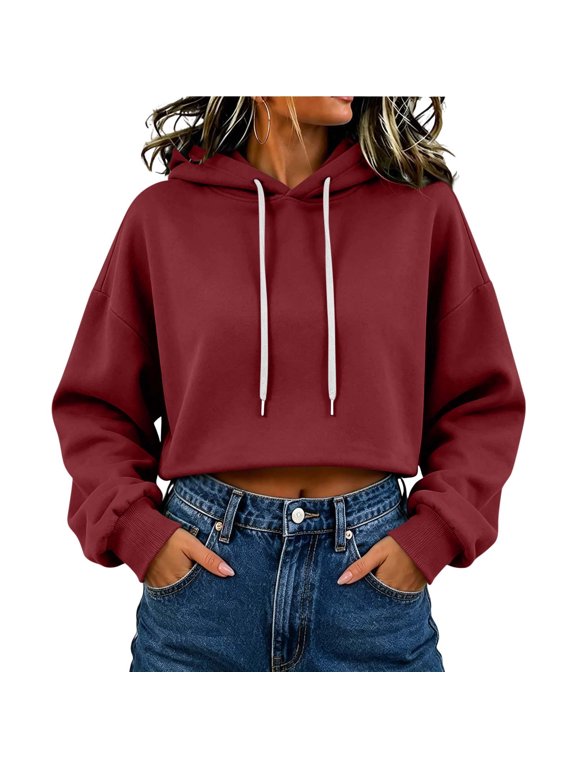 Women's Cropped Hoodies Long Sleeve Drawstring Pullover Sweatshirts Kangaroo Pocket Solid Color Casual Streetwear Tops