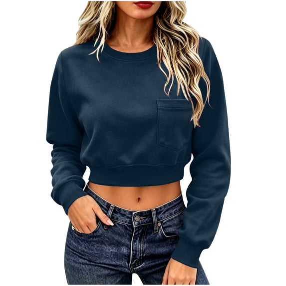 Gytharion Women's Cropped Sweatshirts Crew Neck Patch Pocket Solid Color Soft Comfortable Classic Pullovers Fashion Cozy Athleisure Pullover Tops