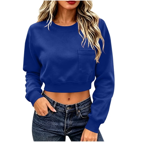 Gytharion Women's Cropped Sweatshirts Crew Neck Patch Pocket Solid Color Soft Comfortable Classic Pullovers Fashion Cozy Athleisure Pullover Tops