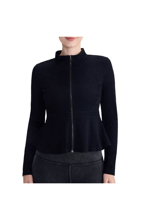 Women’s Denim Bomber Jackets Stand Collar Elastic Hem Zip Up Coats Solid Color Casual Jackets with Pockets
