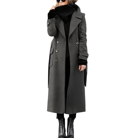 Gytharion Women’s Double Breasted Coats Lapel Long Sleeve Wool Jackets Solid Color Belted Winter Overcoats with Pockets