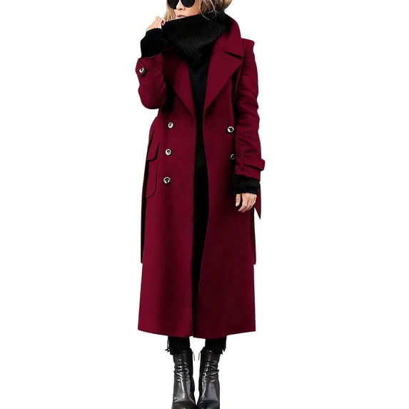 Gytharion Women’s Double Breasted Coats Lapel Long Sleeve Wool Jackets Solid Color Belted Winter Overcoats with Pockets