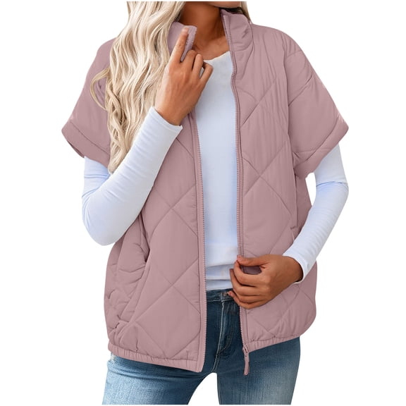 Gytharion Women's Down Vests Fashion Solid Casual Zip Up Down Jacket Winter Short Sleeve Lapel Warm Puffer Coat With Pockets Lightweight Outerwear