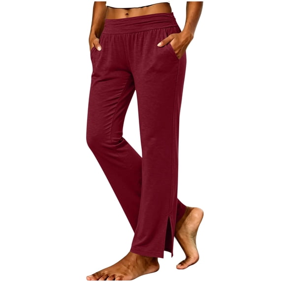 Gytharion Women's Elastic Waist Pants Solid Color Casual Straight Leg Pants with Pockets Fashion Split Hem Stretchy Trousers