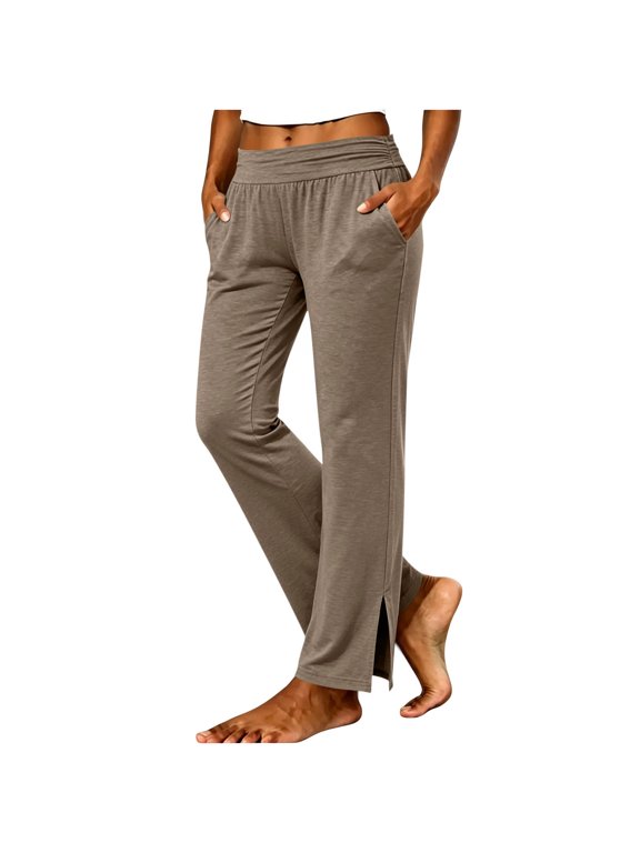 Women's Elastic Waist Pants Solid Color Casual Straight Leg Pants with Pockets Fashion Split Hem Stretchy Trousers