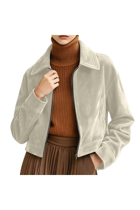 Women's Faux Suede Bomber Jackets Cropped Zip Front Faux Suede Jackets Long Sleeve Turn Down Collar Zip Up Jackets with Pockets