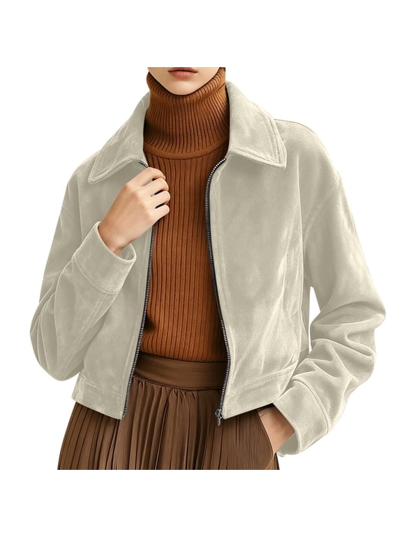 Women's Faux Suede Bomber Jackets Cropped Zip Front Faux Suede Jackets Long Sleeve Turn Down Collar Zip Up Jackets with Pockets