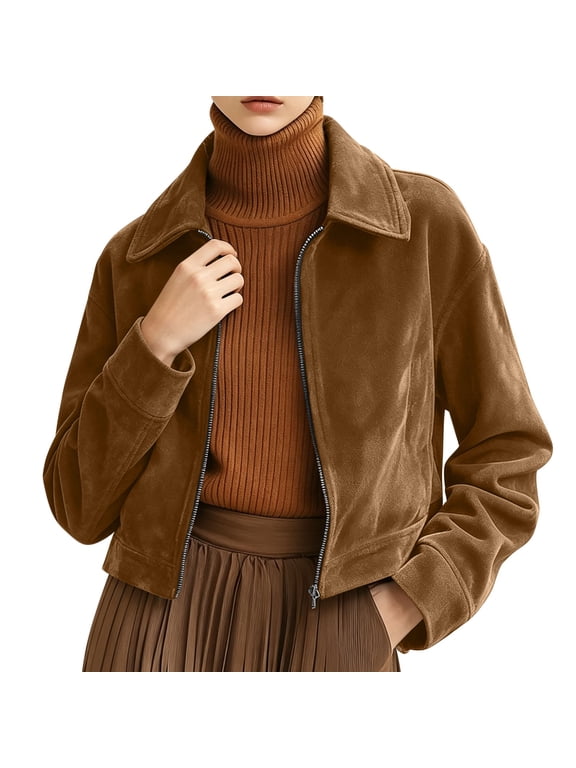 Women's Faux Suede Bomber Jackets Cropped Zip Front Faux Suede Jackets Long Sleeve Turn Down Collar Zip Up Jackets with Pockets