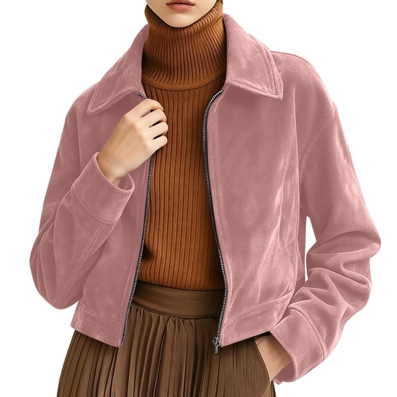 Gytharion Women's Faux Suede Bomber Jackets Cropped Zip Front Faux Suede Jackets Long Sleeve Turn Down Collar Zip Up Jackets with Pockets