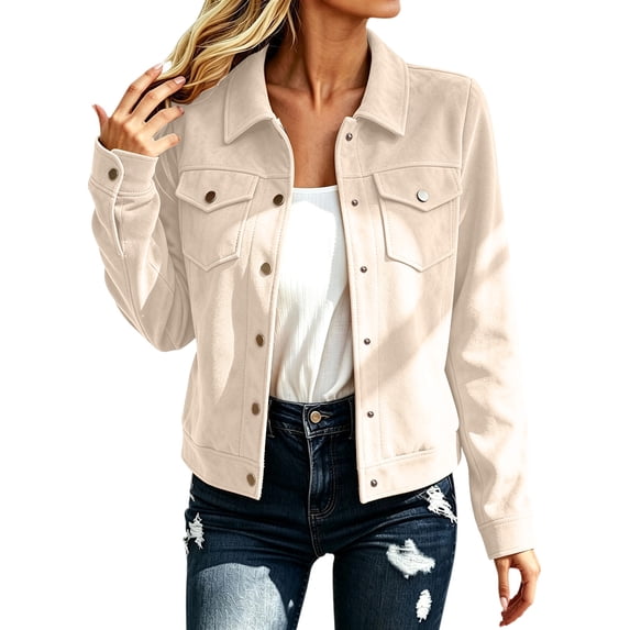 Gytharion Women's Faux Suede Shirt Jackets Button Front Turn Down Collar Jackets Long Sleeve Solid Color Casual Jackets with Pockets
