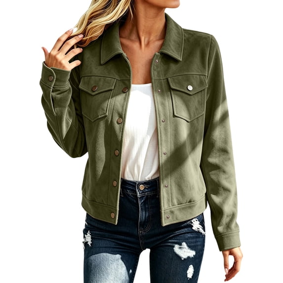 Gytharion Women's Faux Suede Shirt Jackets Button Front Turn Down Collar Jackets Long Sleeve Solid Color Casual Jackets with Pockets