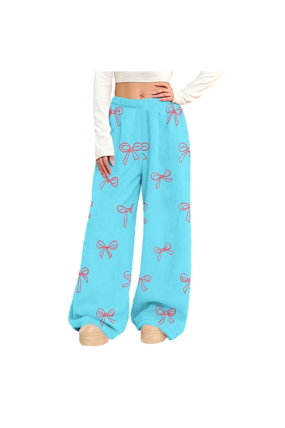Women's Flannel Fleece Pajama Pants Soft Comfy Elastic Waist Fuzzy Pj Bottoms with Pockets Cute Bow Print Wide Leg Lounge Sweatpant Winter Thermal Plush Sleepwear for Valentine's Day