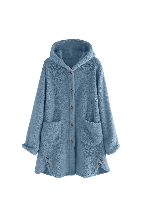 Women's Fleece Jacket Solid Color Hooded Button Front Oversized Plush Cape with Pockets Soft Warm Poncho Coat