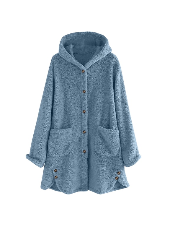 Women's Fleece Jacket Solid Color Hooded Button Front Oversized Plush Cape with Pockets Soft Warm Poncho Coat
