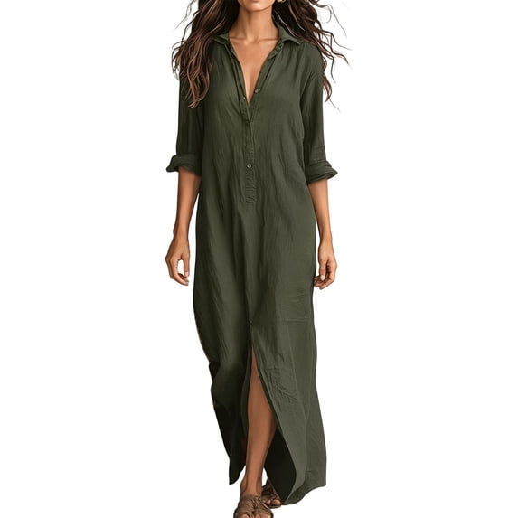 Gytharion Women's Flowy Maxi Dresses Lapel Long Sleeve Front Slit Dresses Loose Elegant Casual Shirt Dresses