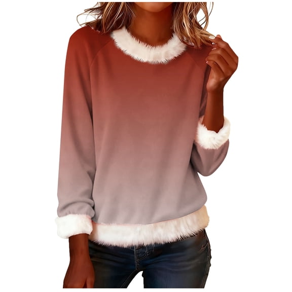 Gytharion Women's Fuzzy Fleece Tops Trendy Gradient/Stripe/Polka Dot Print Crew Neck Blouses Soft Comfy Long Sleeve Pullover Shirts Winter Plush Warm Loungewear Tops