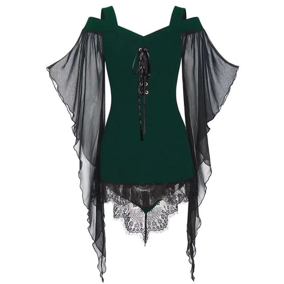 Gytharion Women's Gothic Dresses Dark Witch Vintage Halloween Dresses Spaghetti Straps Bell Sleeve Lace Up Tummy Control Irregular Lace Hem Mini Gowns for Cosplay Club Themed Party