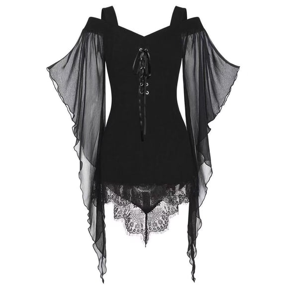 Gytharion Women's Gothic Dresses Dark Witch Vintage Halloween Dresses Spaghetti Straps Bell Sleeve Lace Up Tummy Control Irregular Lace Hem Mini Gowns for Cosplay Club Themed Party