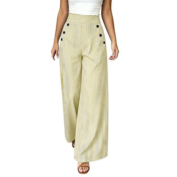 Gytharion Women's High Waist Striped Wide Leg Pants Double Breasted Draped Floor Length Casual Pants with Pockets Loose Palazzo Trousers
