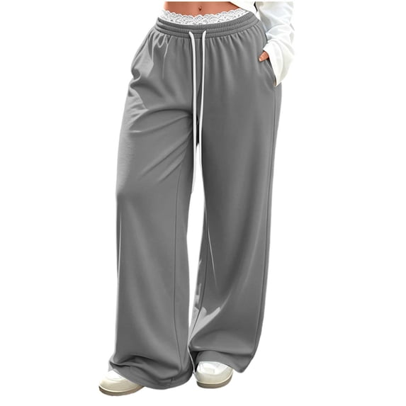 Gytharion Women's Lace Trim Sweatpants Solid Color Straight Leg Loose Casual Track Pants with Pockets Drawstring Elastic High Waist Joggers