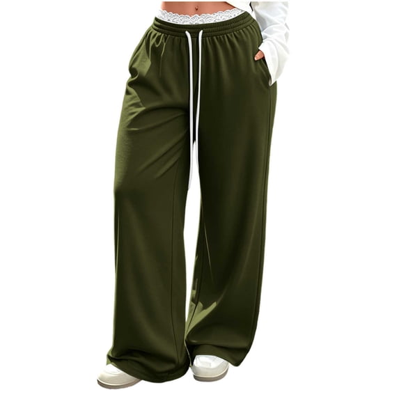 Gytharion Women's Lace Trim Sweatpants Solid Color Straight Leg Loose Casual Track Pants with Pockets Drawstring Elastic High Waist Joggers